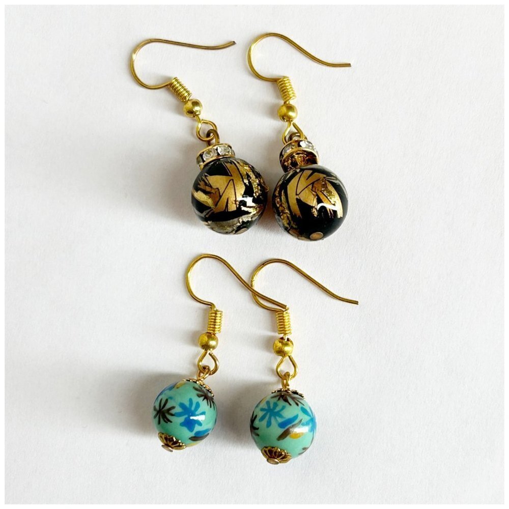 NEW Cloisonné Earrings 2 PAIRS Colorful Floral Jewelry Enamel Rhinestones Hook - Picture 4 of 7